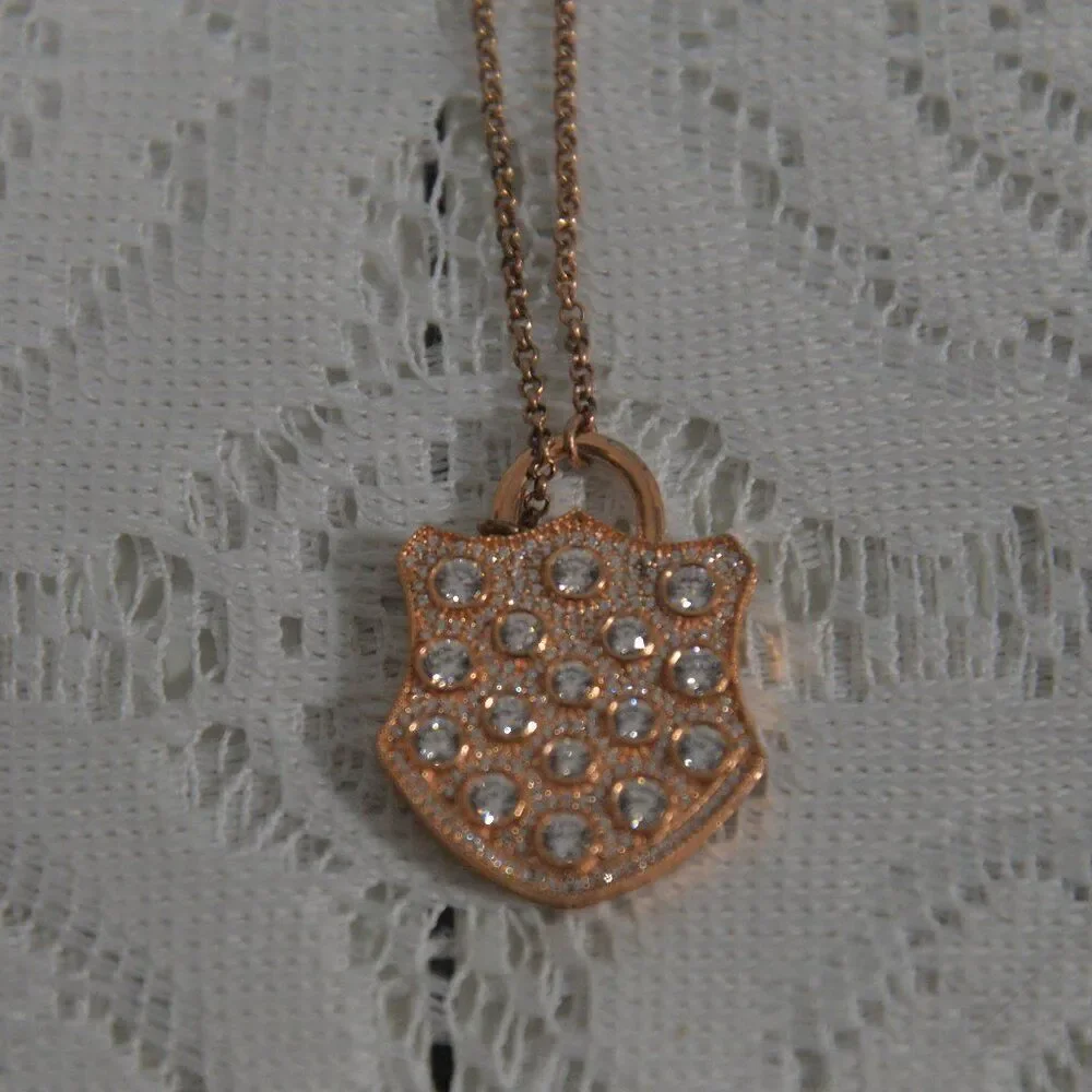 Sparkling Rose Gold Tone Shield Pendant Necklace with Clear Rhinestones